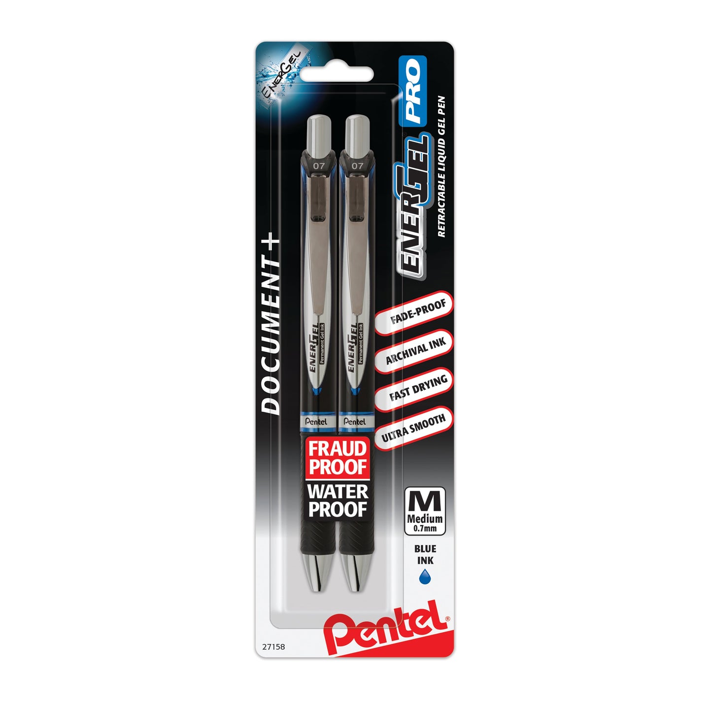 EnerGel PRO Permanent Gel Pen, (0.7mm) Medium Line, Blue Ink, 2-Pk (BLP77BP2C)