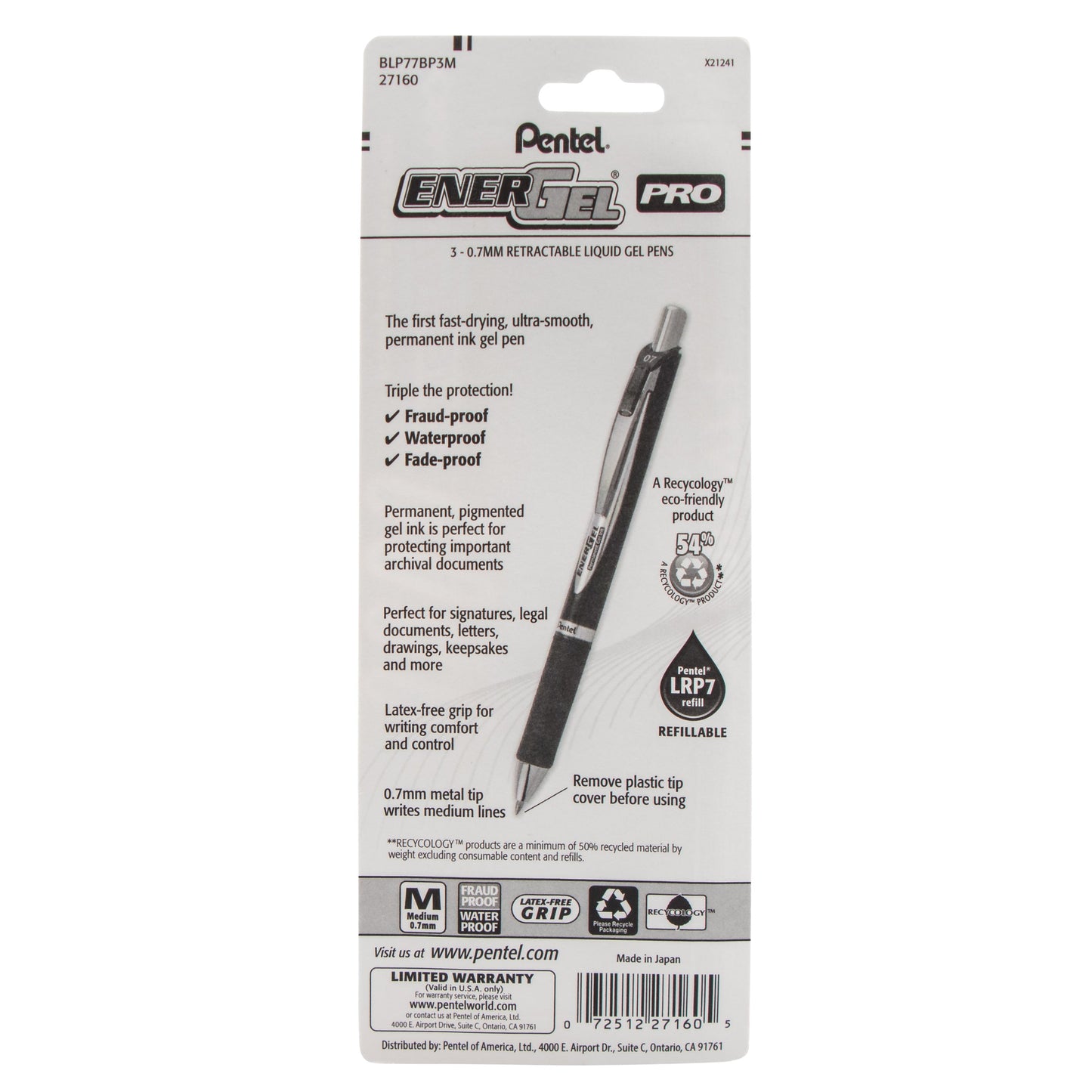 EnerGel PRO Permanent Gel Pen, (0.7mm) Medium Line, Assorted Ink (ABC), 3-Pk (BLP77BP3M)