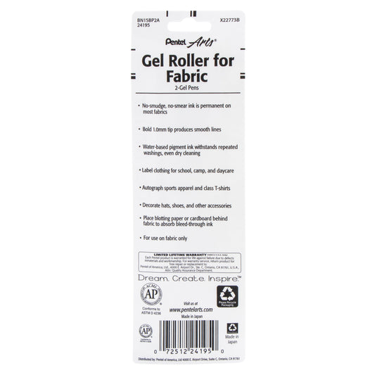 Pentel Arts Gel Roller For Fabric, (1.0mm) Bold Lines, Permanent, Black Ink 2-Pk (BN15BP2A)