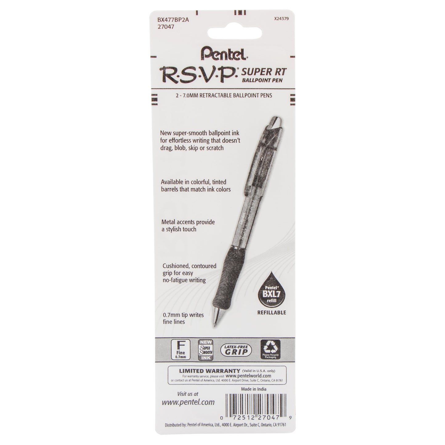RSVP Super RT Ballpoint Pen, (0.7mm) Fine Line, Black Ink, 2-Pk (BX477BP2A)