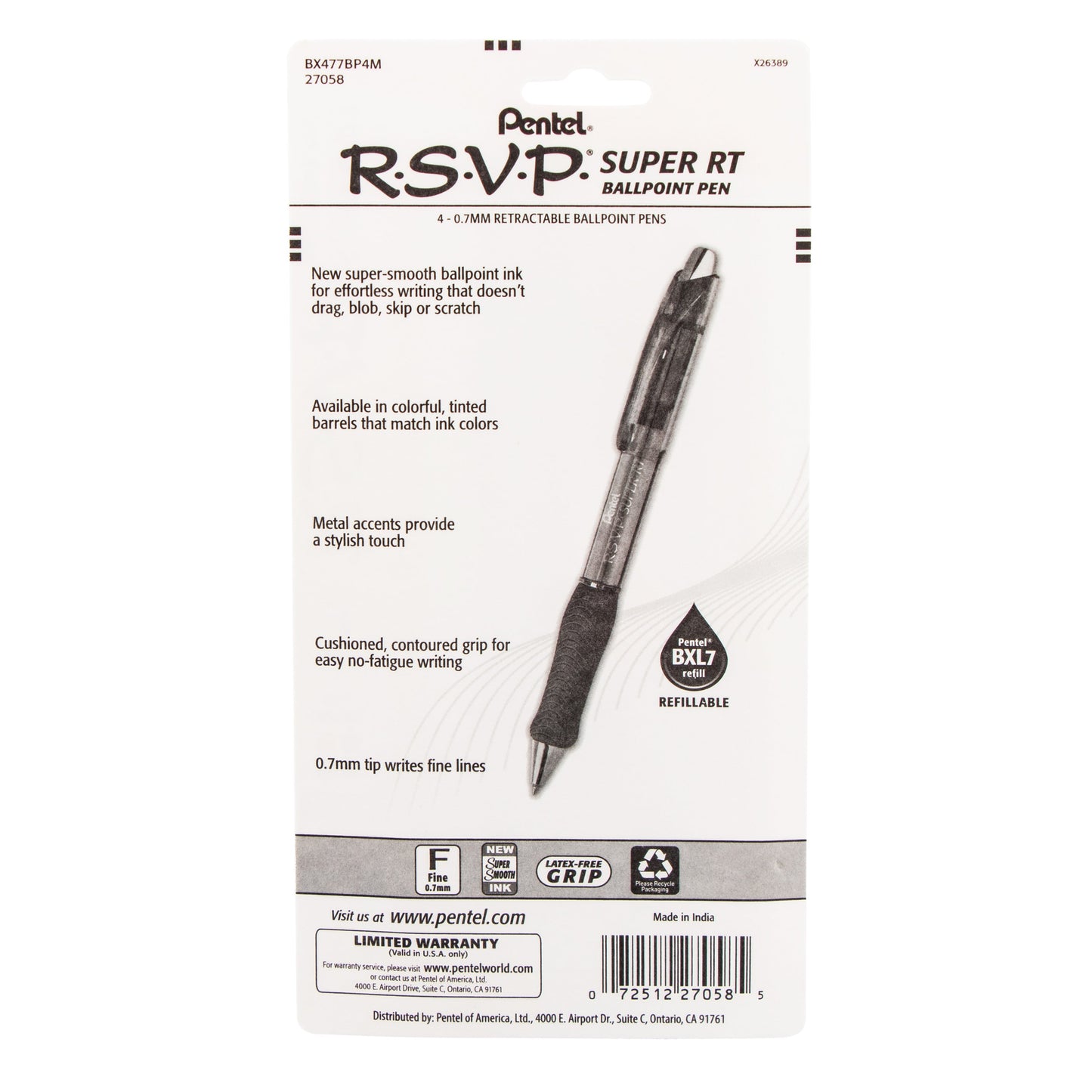 RSVP Super RT Ballpoint Pen, (0.7mm) Fine Line, Assorted Ink (ABCD), 4-Pk (BX477BP4M)