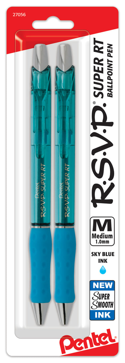RSVP Super RT Ballpoint Pen, (1.0mm) Medium Line, Sky Blue Ink, 2-Pk (BX480BP2S)