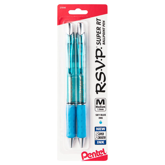 RSVP Super RT Ballpoint Pen, (1.0mm) Medium Line, Sky Blue Ink, 2-Pk (BX480BP2S)