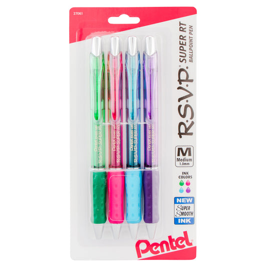 RSVP Super RT Ballpoint Pen, (1.0mm) Medium Line, Assorted Ink (DPSV), 4-Pk (BX480BP4M1)
