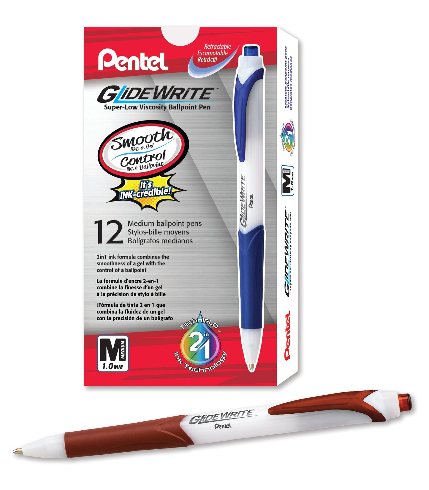 GlideWrite Ballpoint Pen with TechniFlo Ink, (1.0mm) Medium Line, Brown Ink (BX910-E)