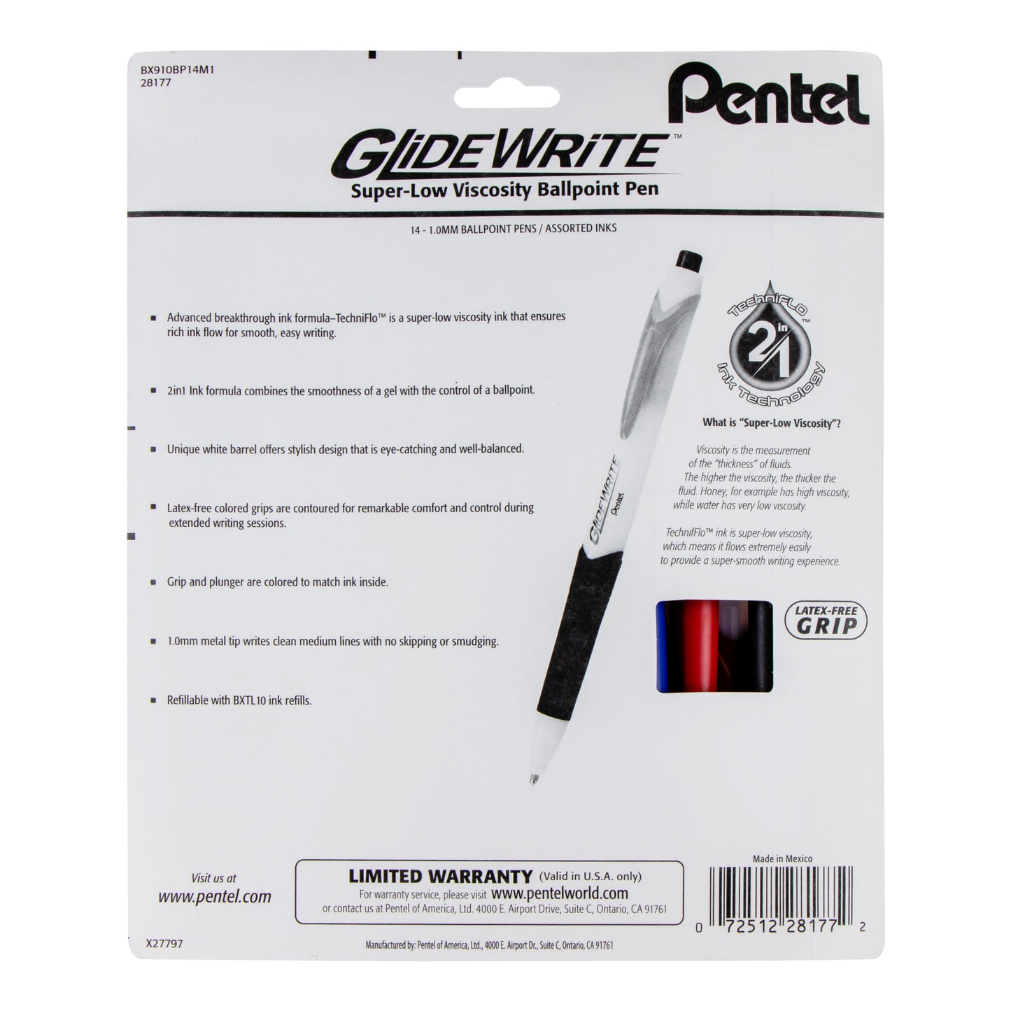 GlideWrite Ballpoint Pen, (1.0mm) medium, Assorted Ink (A,B,BG,C,D,E,F,K,P,S,S1,V,V4,X), 14-pk (BX910BP14M1)