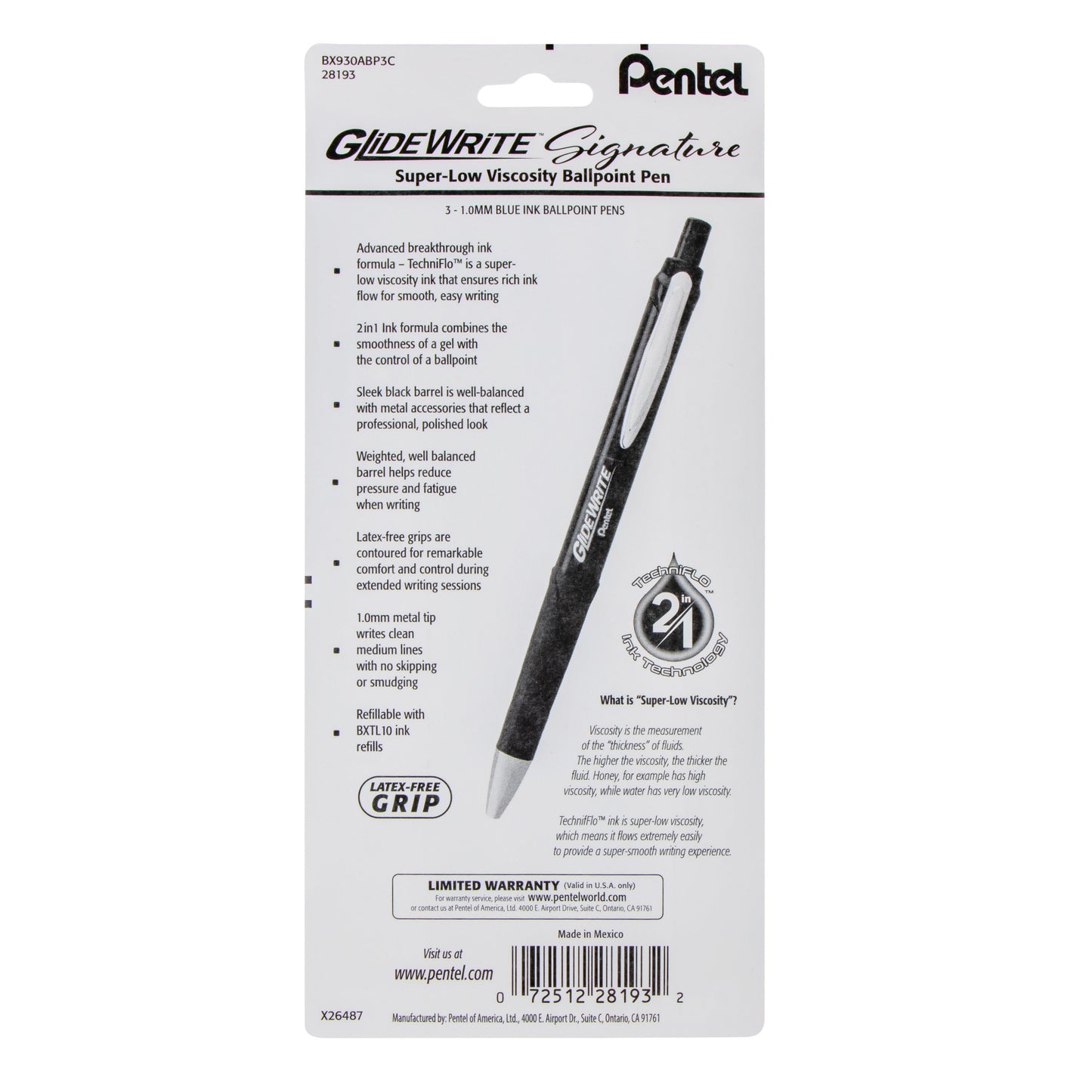 GlideWrite Signature Ballpoint Pen, (1.0mm) medium, black barrel, Blue Ink, 3-pk (BX930ABP3C)