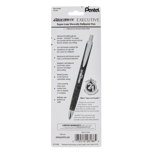 Pentel GlideWrite Executive Ballpoint Pen, (1.0mm) medium, black metal barrel,  Black Ink, 1-pk (BX970ABP)
