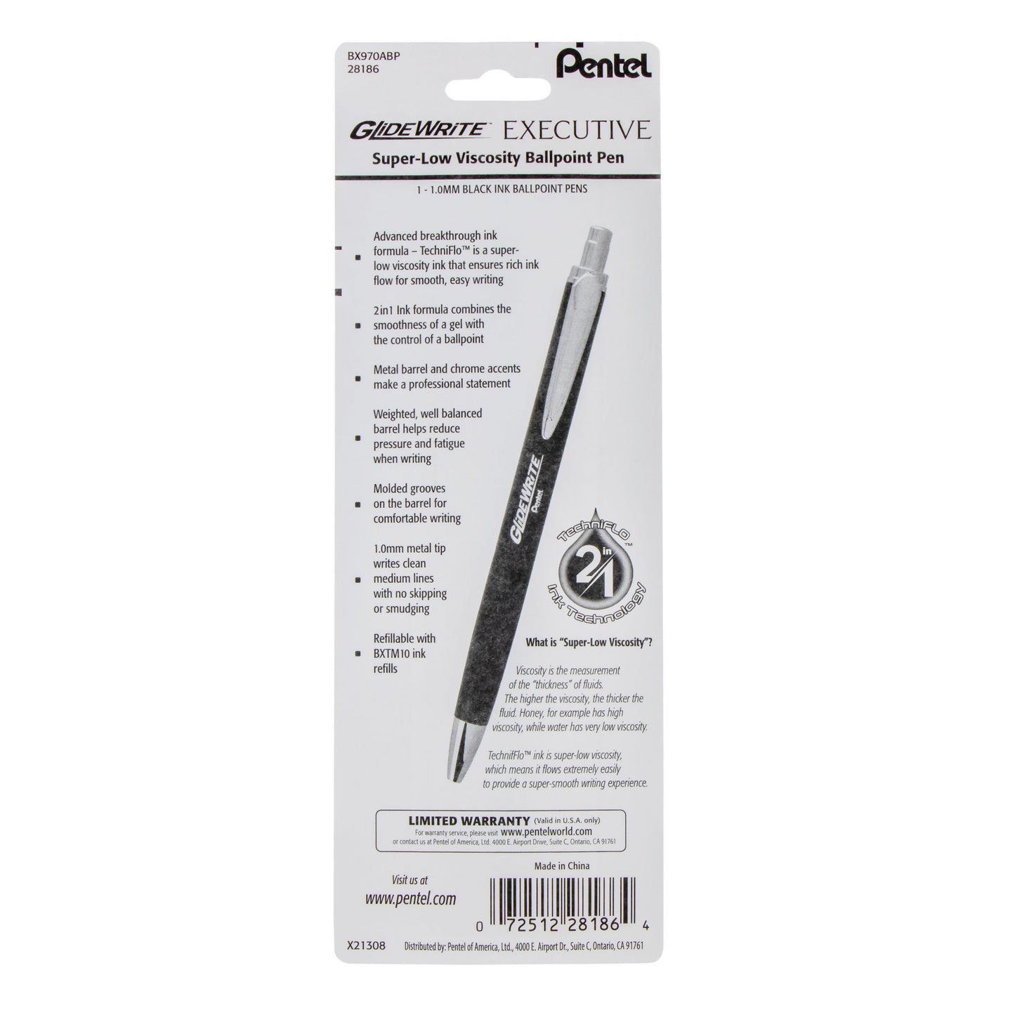 Pentel GlideWrite Executive Ballpoint Pen, (1.0mm) medium, black metal barrel,  Black Ink, 1-pk (BX970ABP), 72 Each