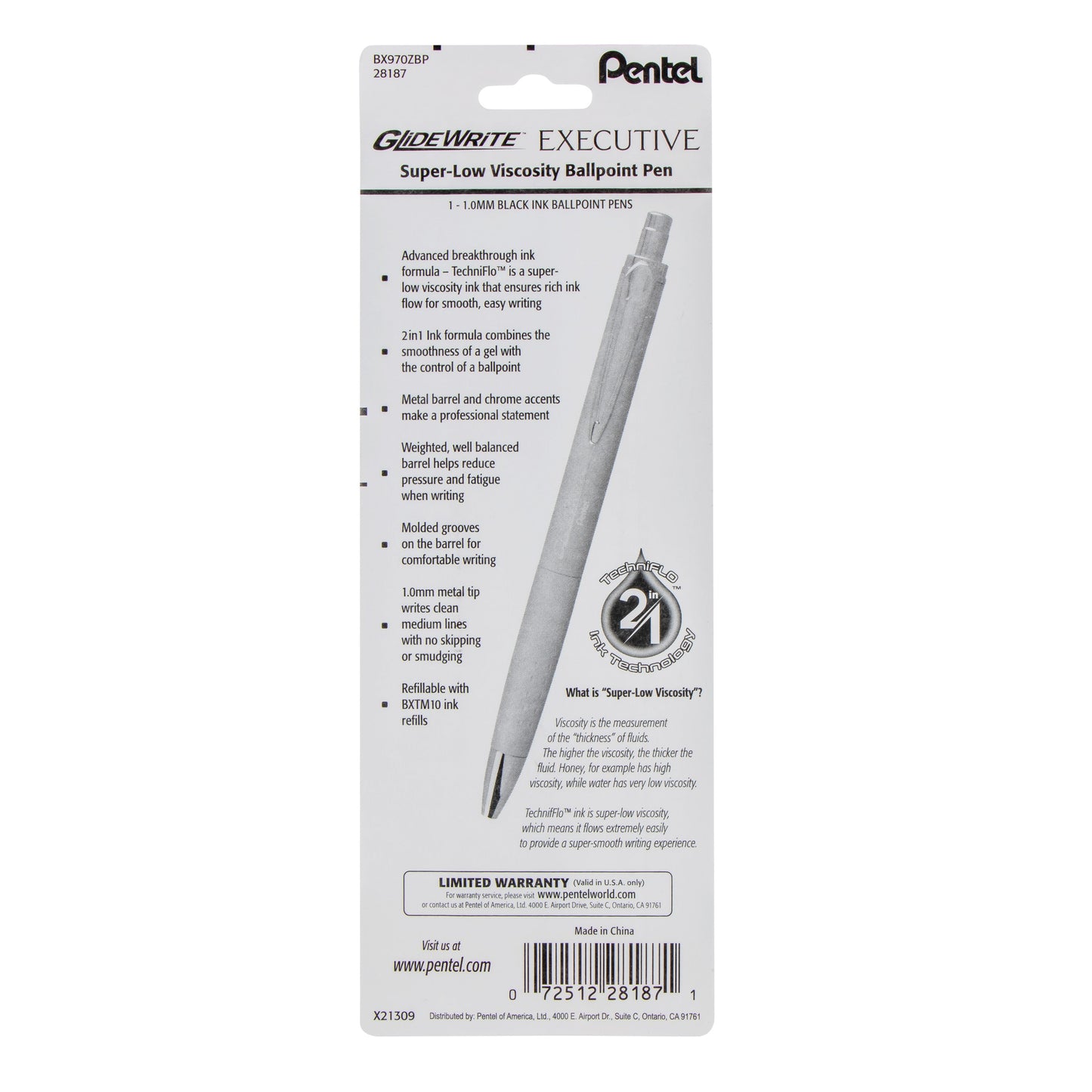 GlideWrite Executive Ballpoint Pen, (1.0mm) medium, silver metal barrel,  Black Ink, 1-pk (BX970ZBP)