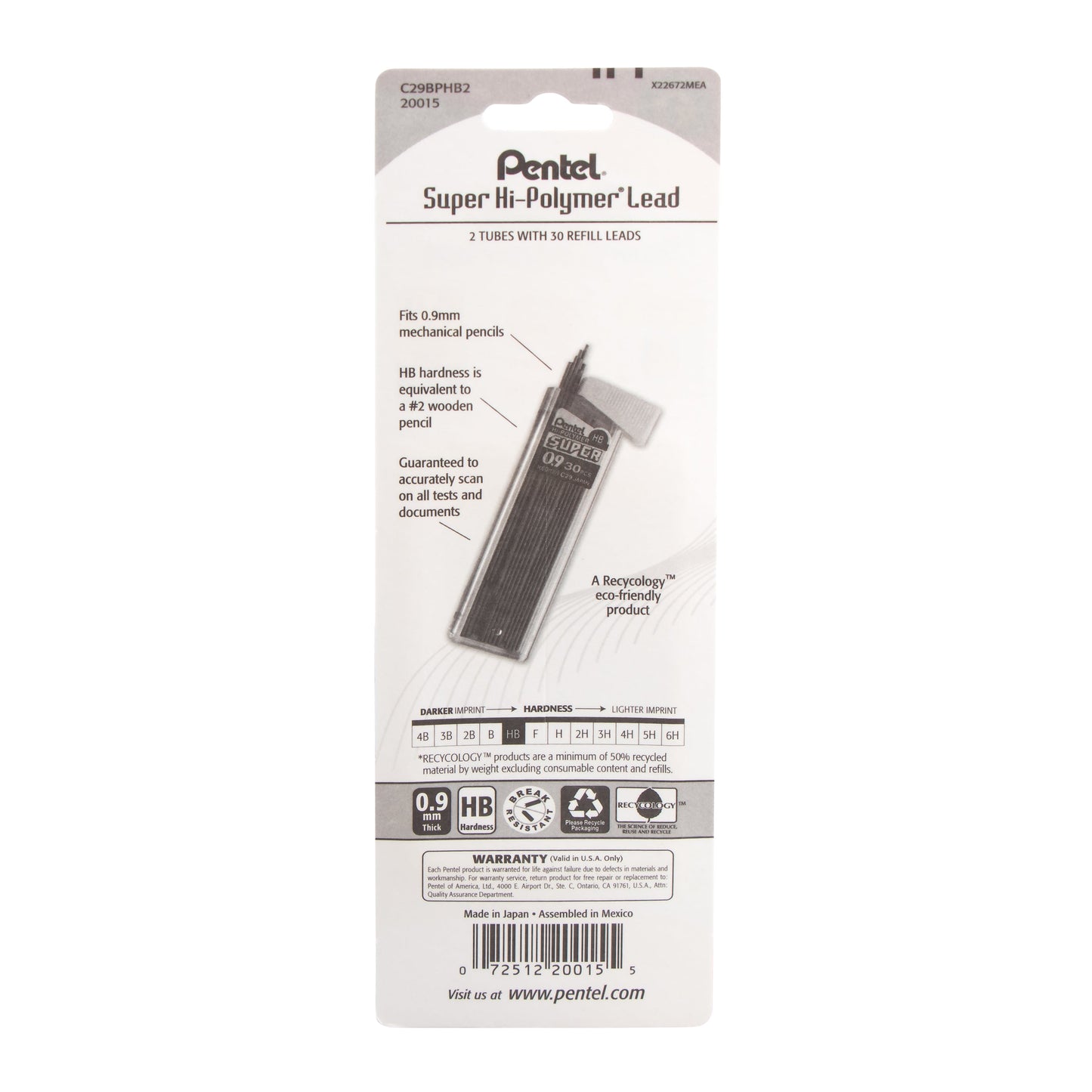 Super Hi-Polymer Lead Refill (0.9mm) Thick, HB, 30 pcs/Tube 2-Pk (C29BPHB2)
