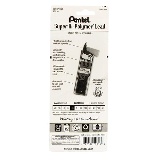 Pentel Super Hi-Polymer Lead Refill (0.9mm) Thick, HB, 30 pcs/Tube 3-Pk (C29BPHB3)