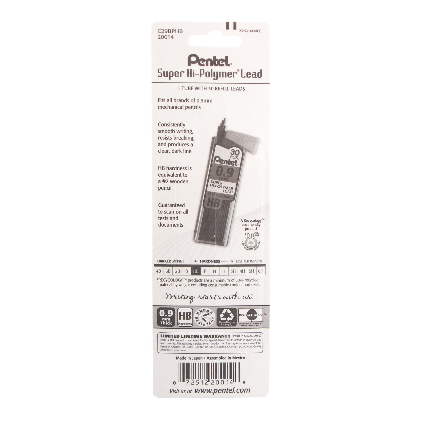 Super Hi-Polymer Lead Refill (0.9mm) Thick, HB, 30 pcs/Tube 1-Pk (C29BPHB)