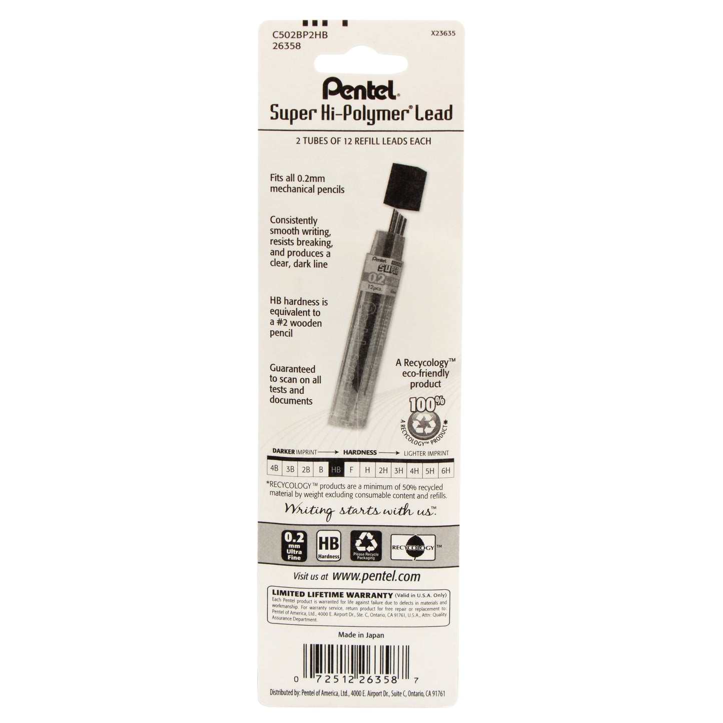 Super Hi-Polymer Lead Refill (0.2mm) Super Fine, HB, 12 pcs/Tube 2-Pk (C502BP2HB)