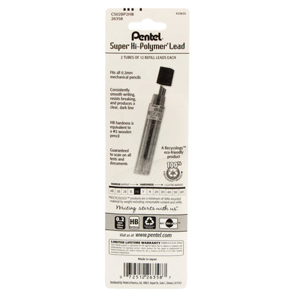 Super Hi-Polymer Lead Refill (0.2mm) Super Fine, HB, 12 pcs/Tube 2-Pk (C502BP2HB)