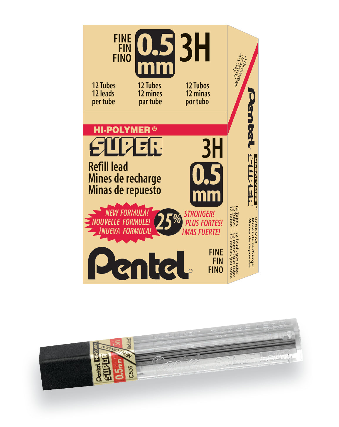 Super Hi-Polymer Lead Refill (0.5mm) Fine, 3H, 12 pcs/Tube (C505-3H)