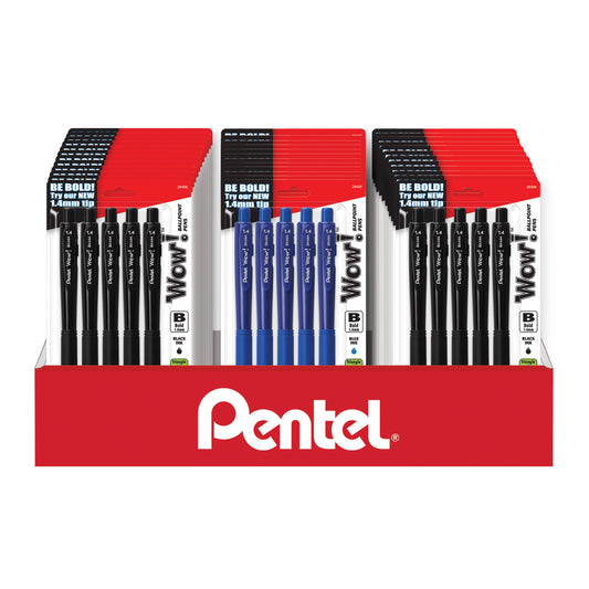 Wow! Retractable Ballpoint Pen, (1.4mm) Bold Line, Black/Blue Ink, 5-pk Blister Pack Counter Display- 36 Pieces (CD3BK4445AC)