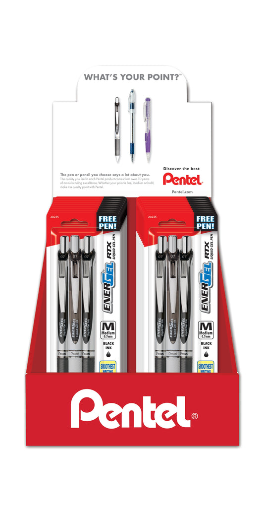 EnerGel RTX Liquid Gel Pen, (0.7mm) Med. Line, Metal Tip, Black Ink,
2-Pks, Blister Pack Counter Display - 18 Pieces (CDBL77BP2A)