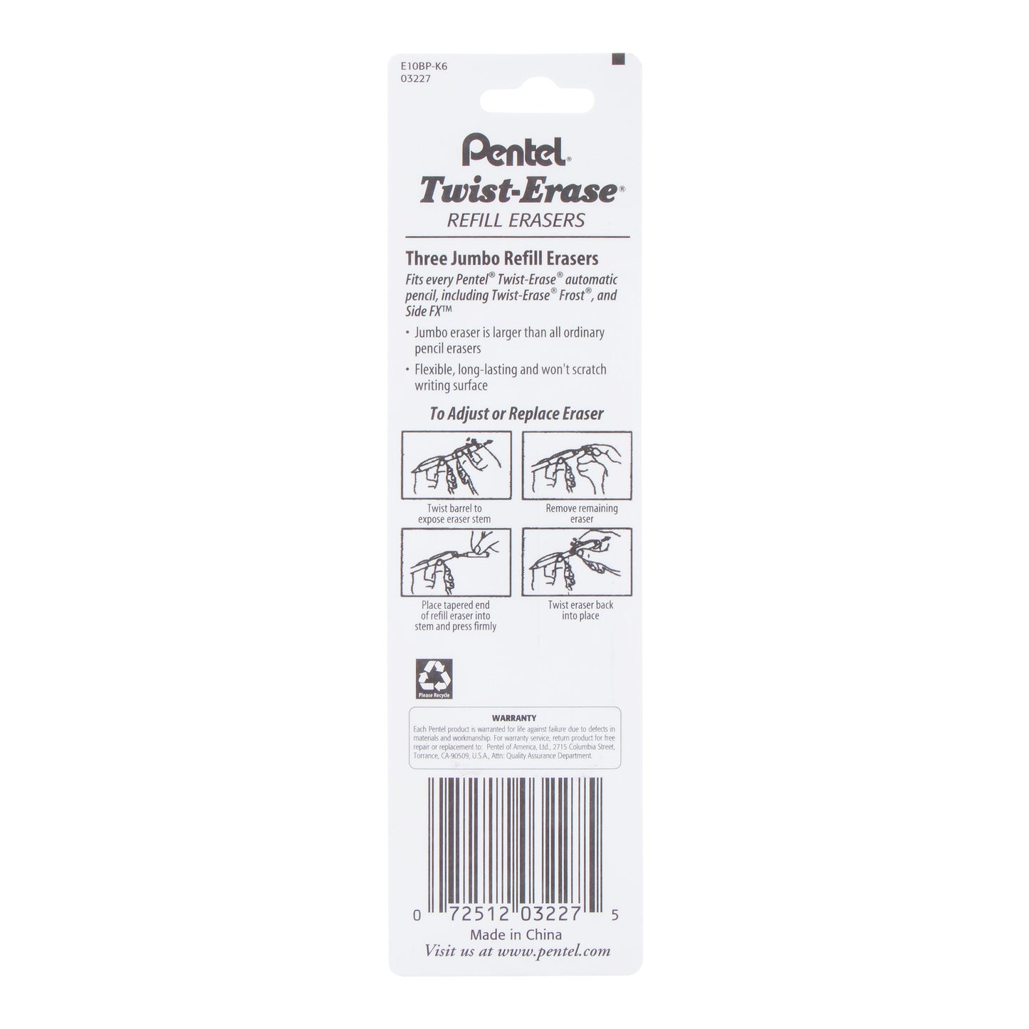 Refill Eraser For Pentel Twist-Erase Series Pencils 3 pcs/Box 1-Pk (E10BP-K6)