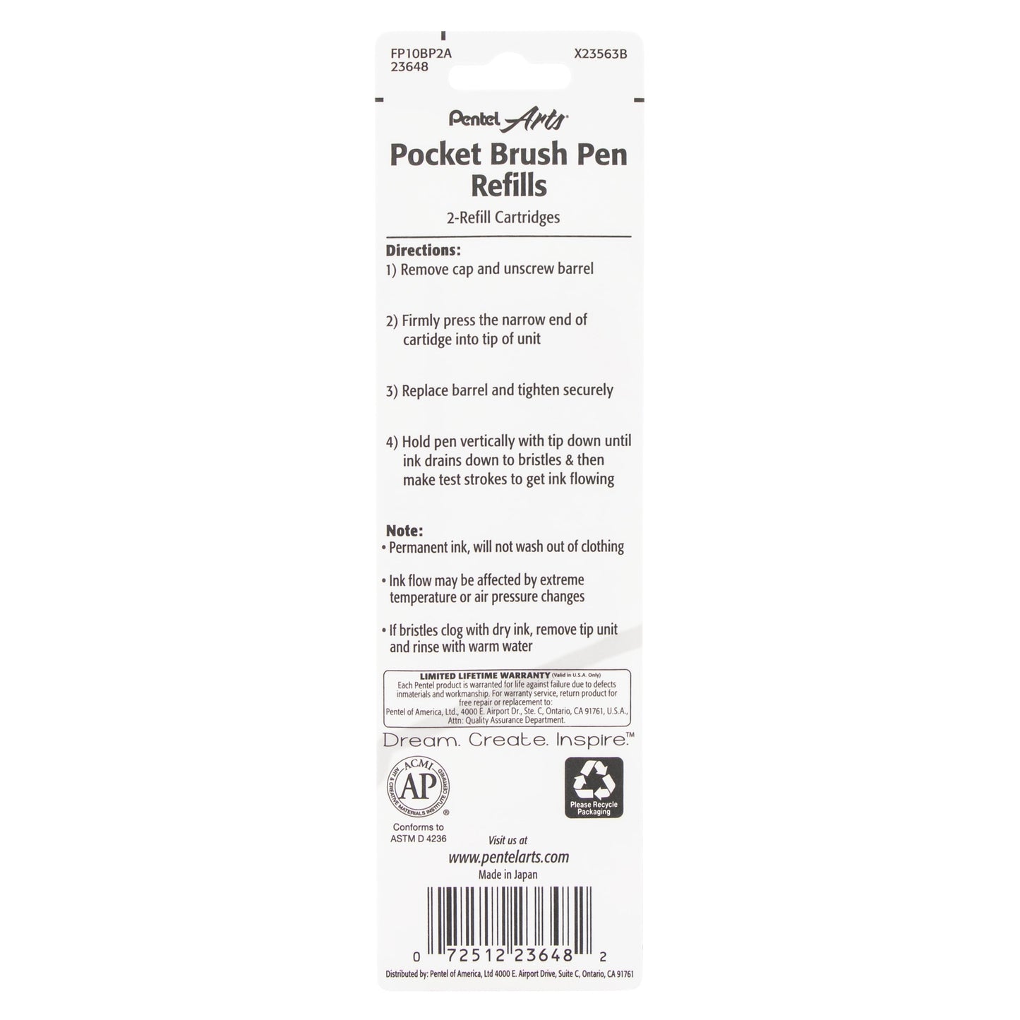 Pentel Arts Pocket Brush Refills, Black Ink 2-Pk (FP10BP2A)