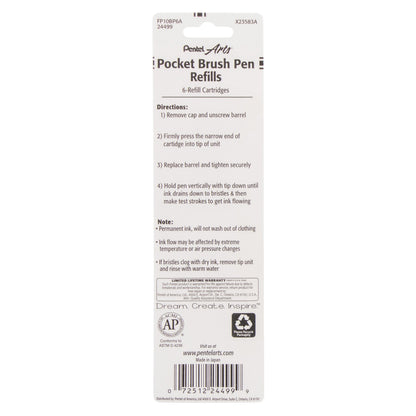 Pentel Arts Pocket Brush Refills, Black Ink 6-Pk (FP10BP6A)