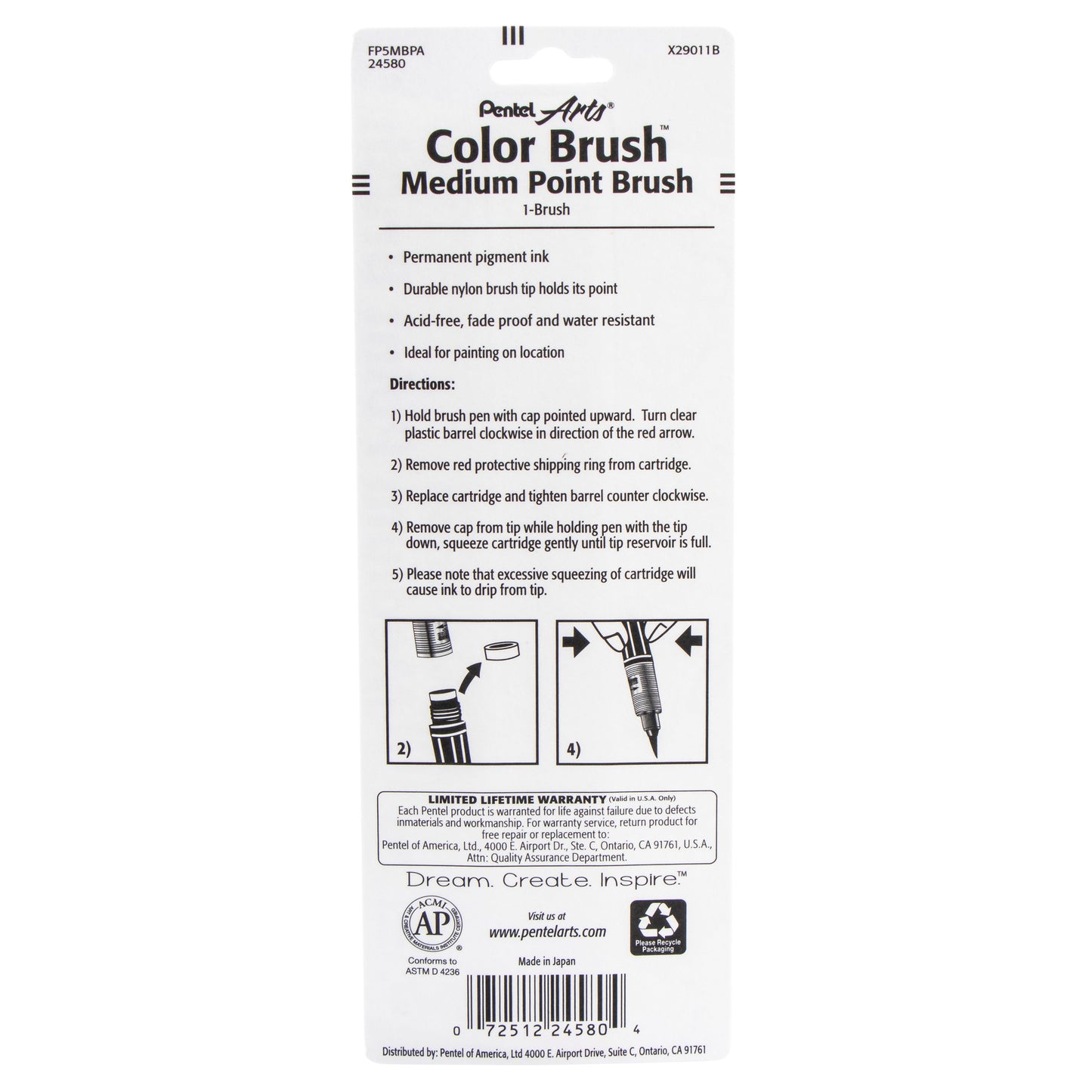 Pentel Arts Color Brush with Pigment Ink, Medium Tip, Black Ink 1-Pk (FP5MBPA)