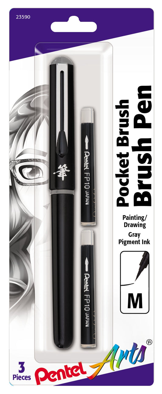 Pentel Arts Pocket Brush Pigment Ink Pen w/ Refills - (1) Pocket Brush Pen, (2) Pigment Ink Refills - Gray (GFKP3BPN)