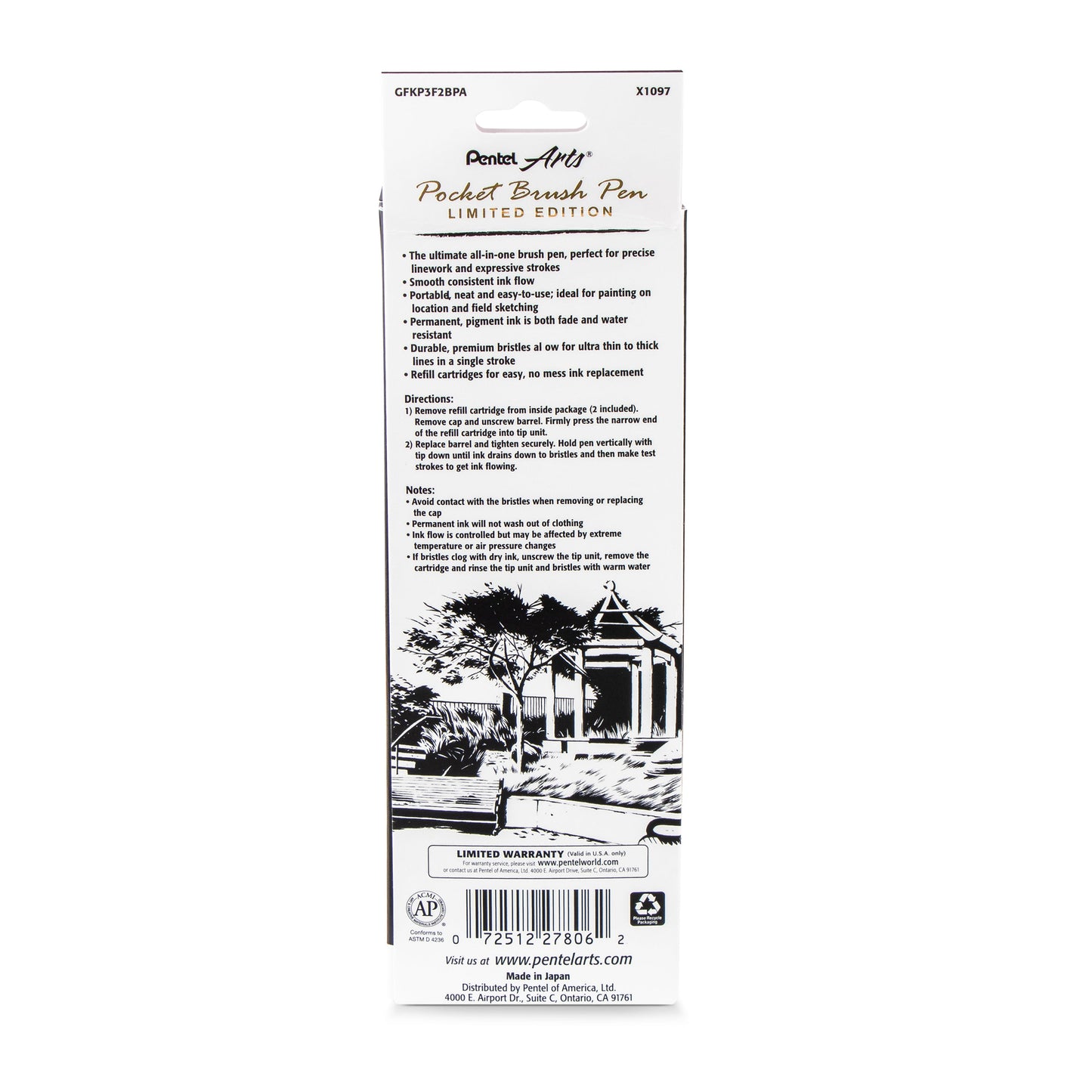 Pentel Arts Limited Edition Pocket Brush, Mahogany Wrap (GFKP3F2BPA)