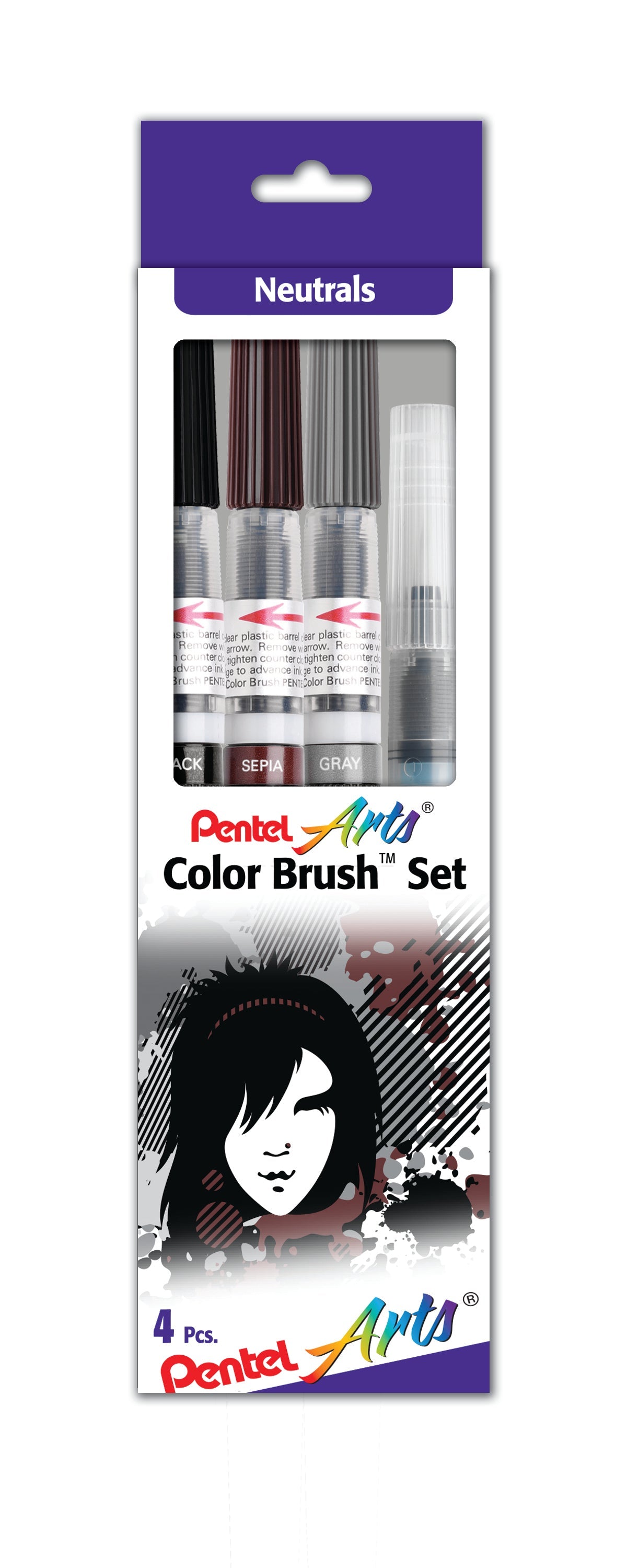 Pentel Arts Color Brush Set,  Black,Gray,Sepia, Aquash Water Brush Box Set (GFLFRHBP)
