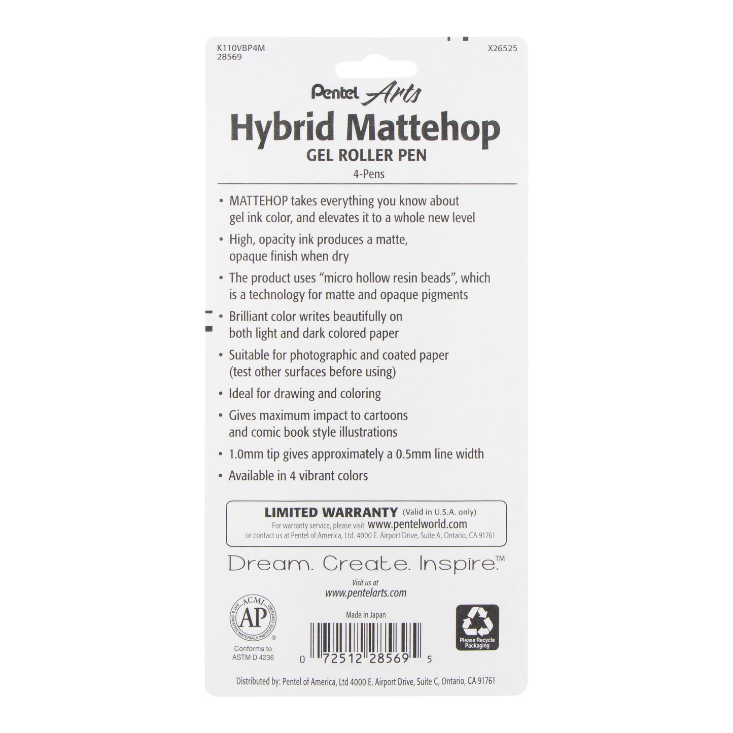 Hybrid MATTEHOP Gel Roller, 1.0mm, Matte A/B/C/D Ink, 4-PK (K110VBP4M)