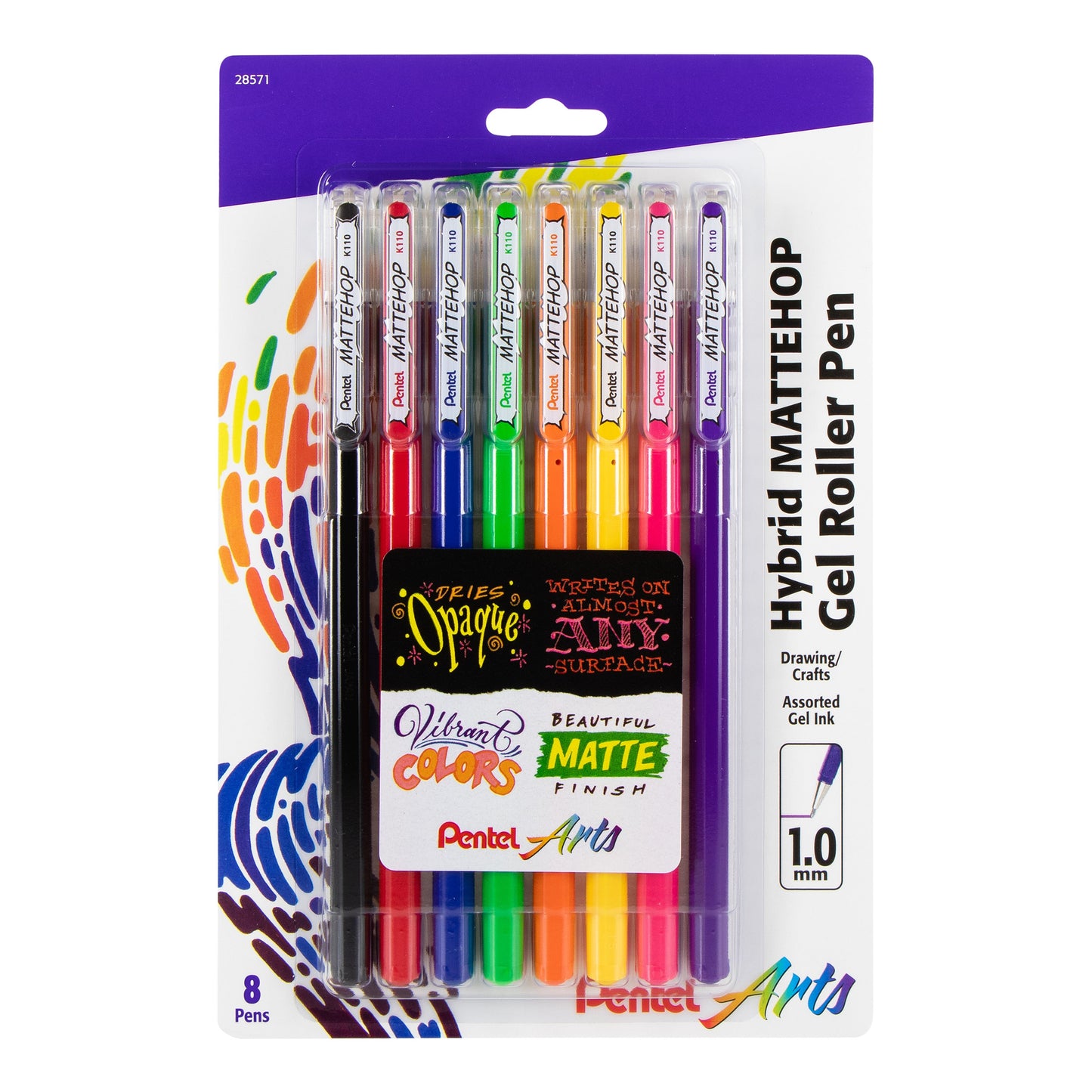 Hybrid MATTEHOP Gel Roller, 1.0mm, Matte A/B/C/D/F/G/P/V Ink, 8-PK (K110VBP8M)