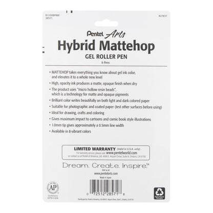 Hybrid MATTEHOP Gel Roller, 1.0mm, Matte A/B/C/D/F/G/P/V Ink, 8-PK (K110VBP8M)