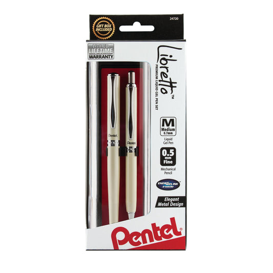 Libretto (0.7mm) EnerGel Pen, and (0.5mm)  Pencil Set, w/ Gift Box, Cream Barrels, Black Ink (K6A8BPWA)