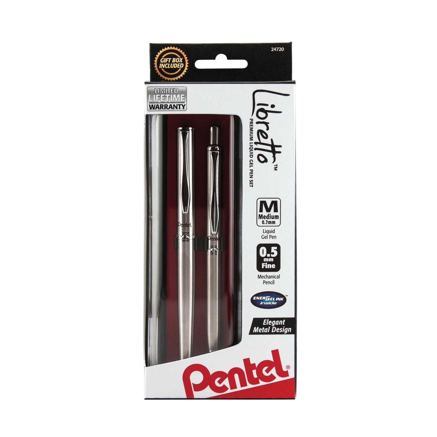 Libretto (0.7mm) EnerGel Pen, and (0.5mm)  Pencil Set, w/ Gift Box, Silver Barrels, Black Ink (K6A8BPZA)