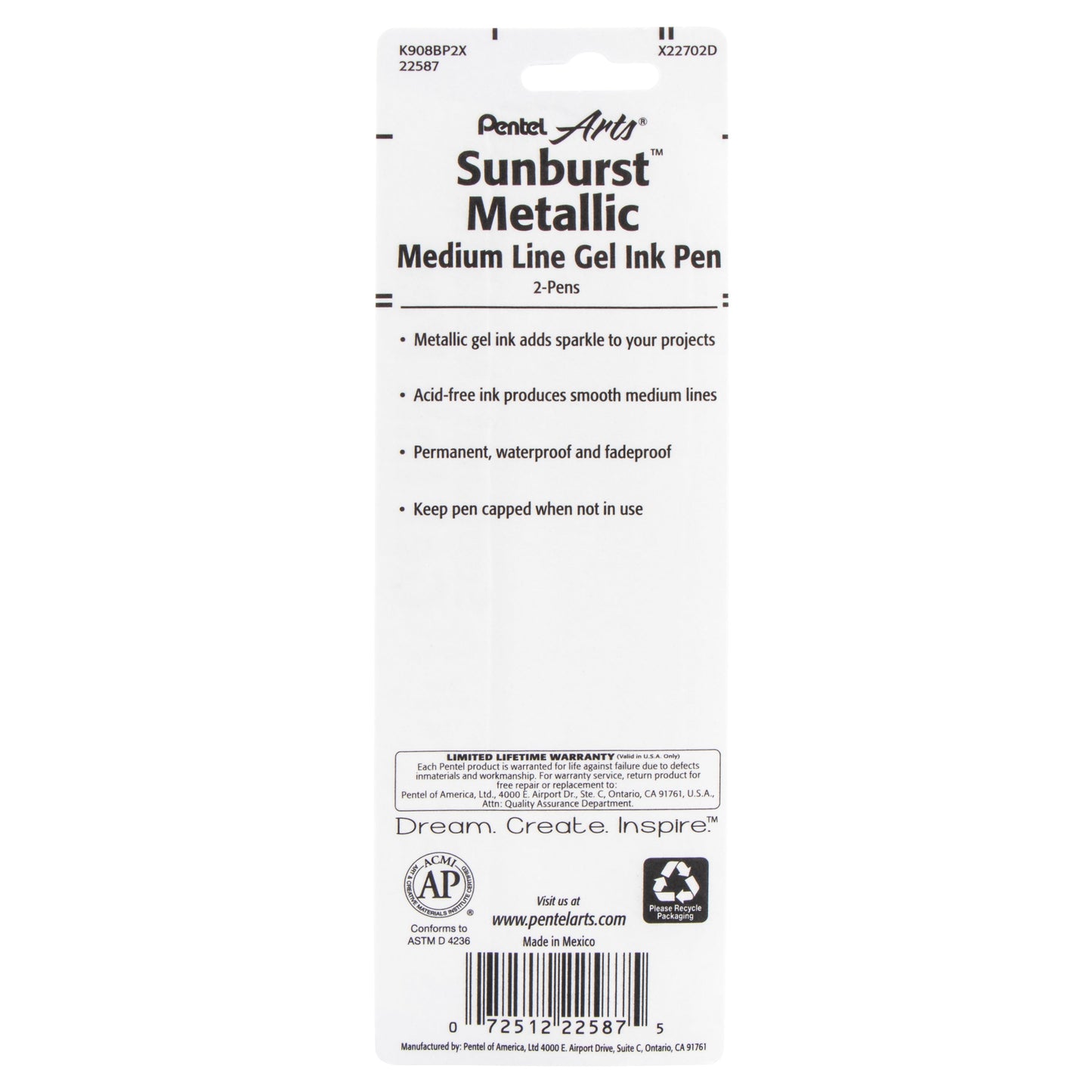 Pentel Arts Sunburst Metallic Gel Pen, Medium Line, Permanent, Gold Ink 2-Pk (K908BP2X)