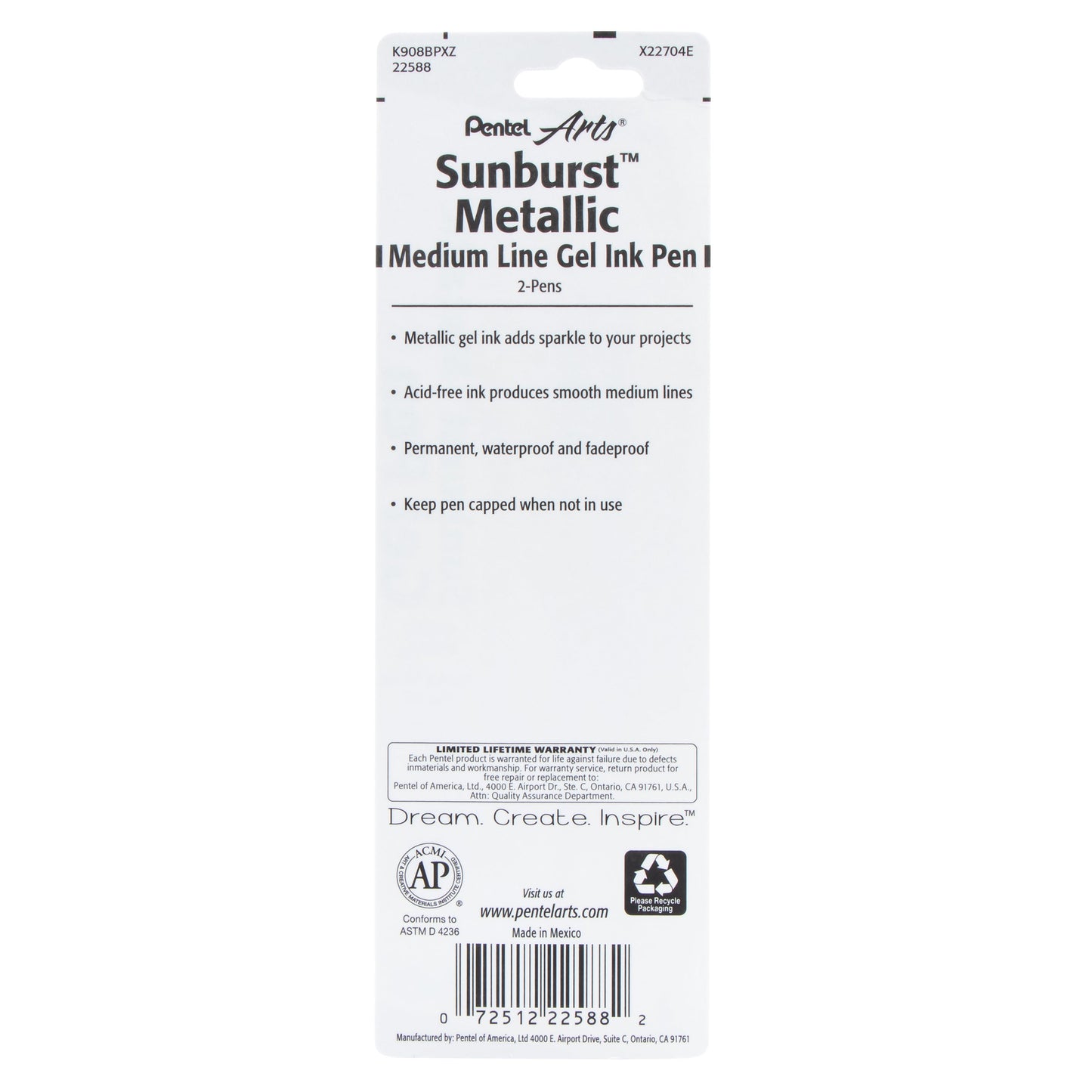 Pentel Arts Sunburst Metallic Gel Pen, Medium Line, Permanent, Gold & Silver Ink 2-Pk (K908BPXZ)