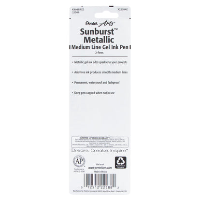 Pentel Arts Sunburst Metallic Gel Pen, Medium Line, Permanent, Gold & Silver Ink 2-Pk (K908BPXZ)