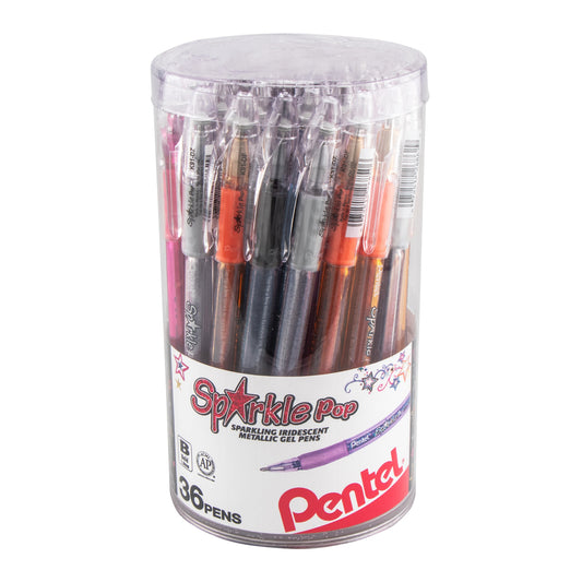 Pentel Sparkle Pop Iridescent Gel Pens, (1.0mm) Bold lines, Assorted Ink (A/C/D/F/P/V/X/Z) 36-pk Canister (K91PC36M)