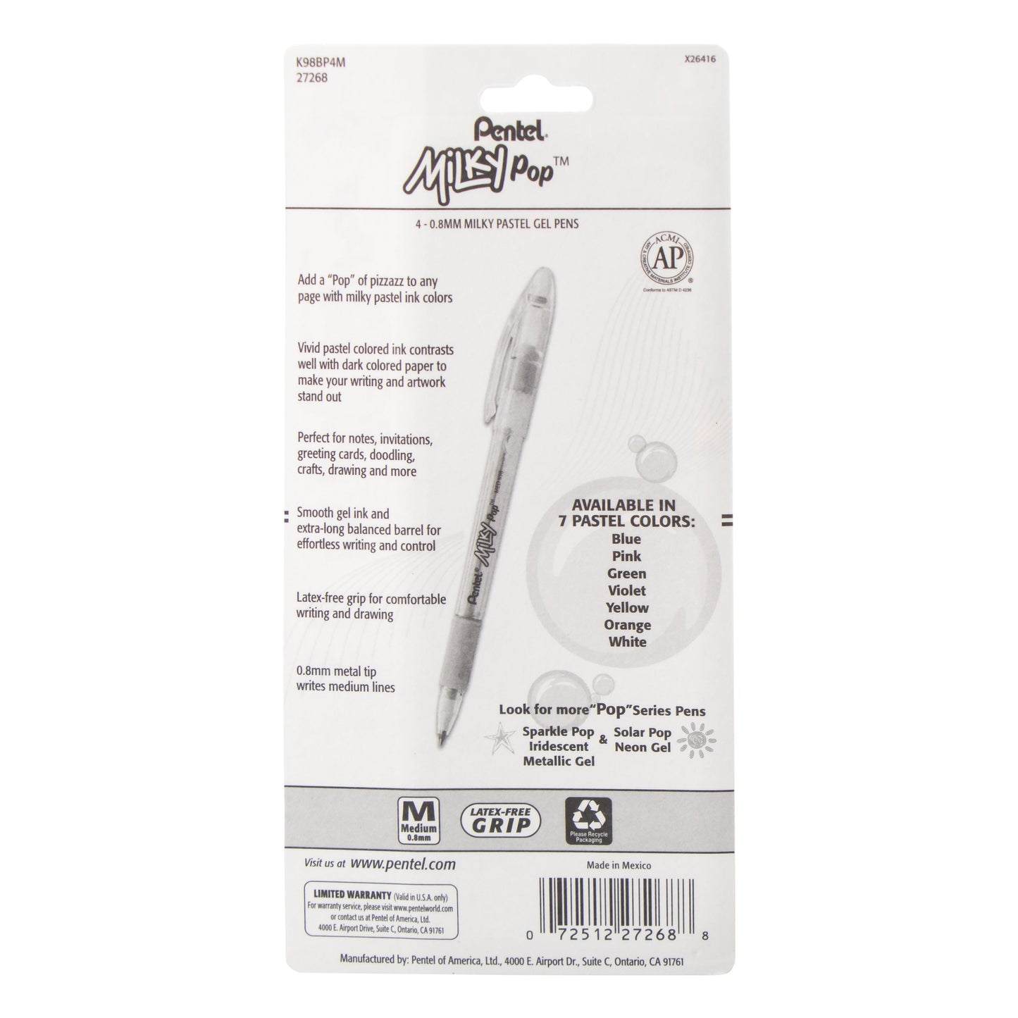 Milky Pop Pastel Gel Pen, (0.8mm) Medium Line, Assorted Ink (SPFW), 4-Pk (K98BP4M)