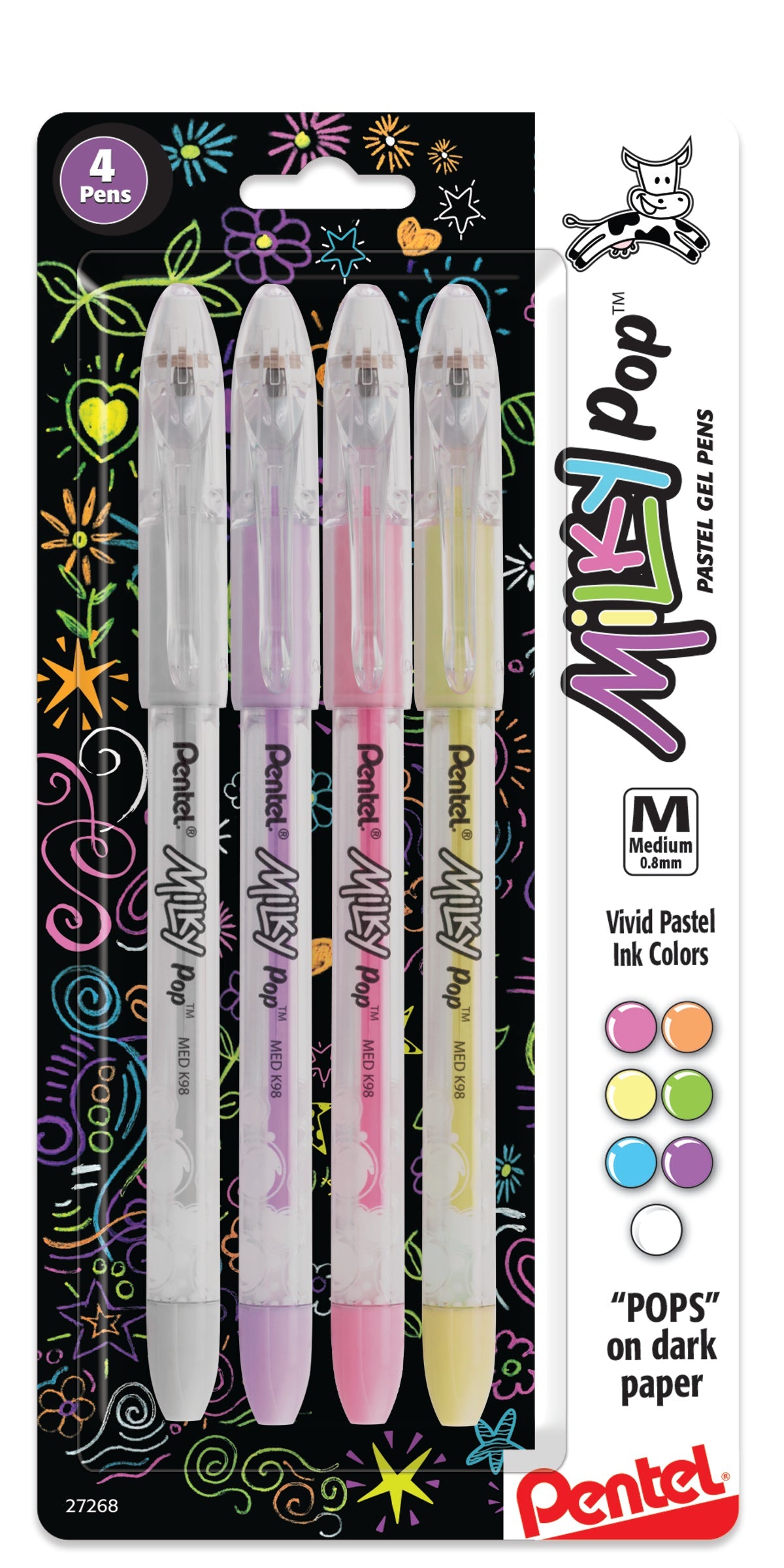 Milky Pop Pastel Gel Pen, (0.8mm) Medium Line, Assorted Ink (SPFW), 4-Pk (K98BP4M)