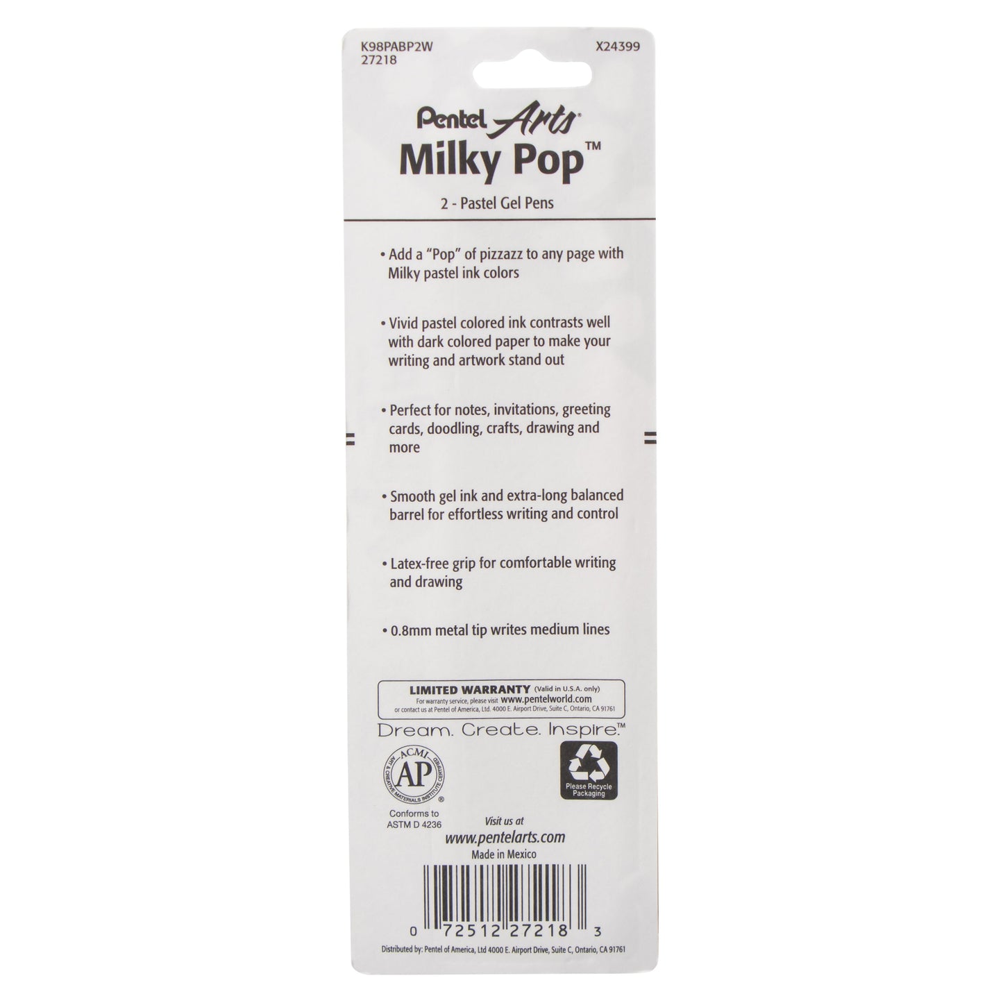 Pentel Arts Milky Pop Pastel Gel Pen, (0.8mm) Medium Line, White Ink, 2-pk (K98PABP2W)