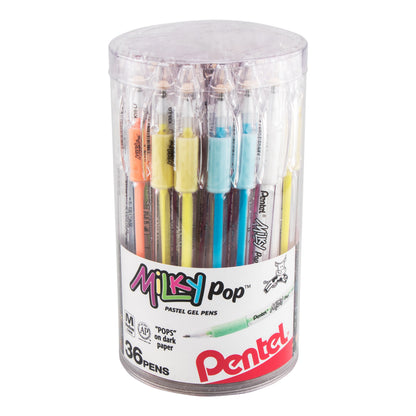 Pentel Milky Pop Pastel Gel Pens, (0.8mm) Med. lines, Assorted Ink (F/G/K/P/S/V/W) 36-pk Canister (K98PC36M)
