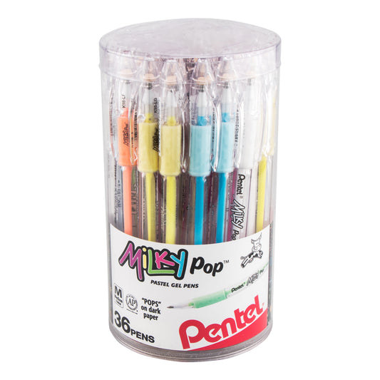 Pentel Milky Pop Pastel Gel Pens, (0.8mm) Med. lines, Assorted Ink (F/G/K/P/S/V/W) 36-pk Canister (K98PC36M)