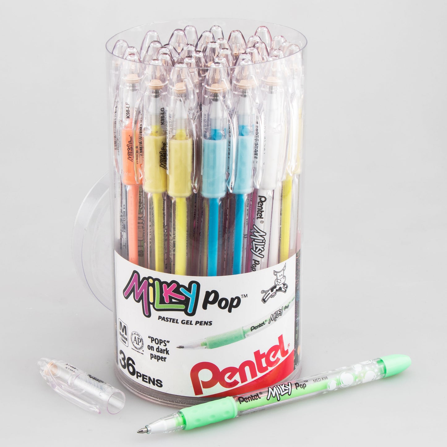 Pentel Milky Pop Pastel Gel Pens, (0.8mm) Med. lines, Assorted Ink (F/G/K/P/S/V/W) 36-pk Canister (K98PC36M)