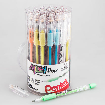 Pentel Milky Pop Pastel Gel Pens, (0.8mm) Med. lines, Assorted Ink (F/G/K/P/S/V/W) 36-pk Canister (K98PC36M)