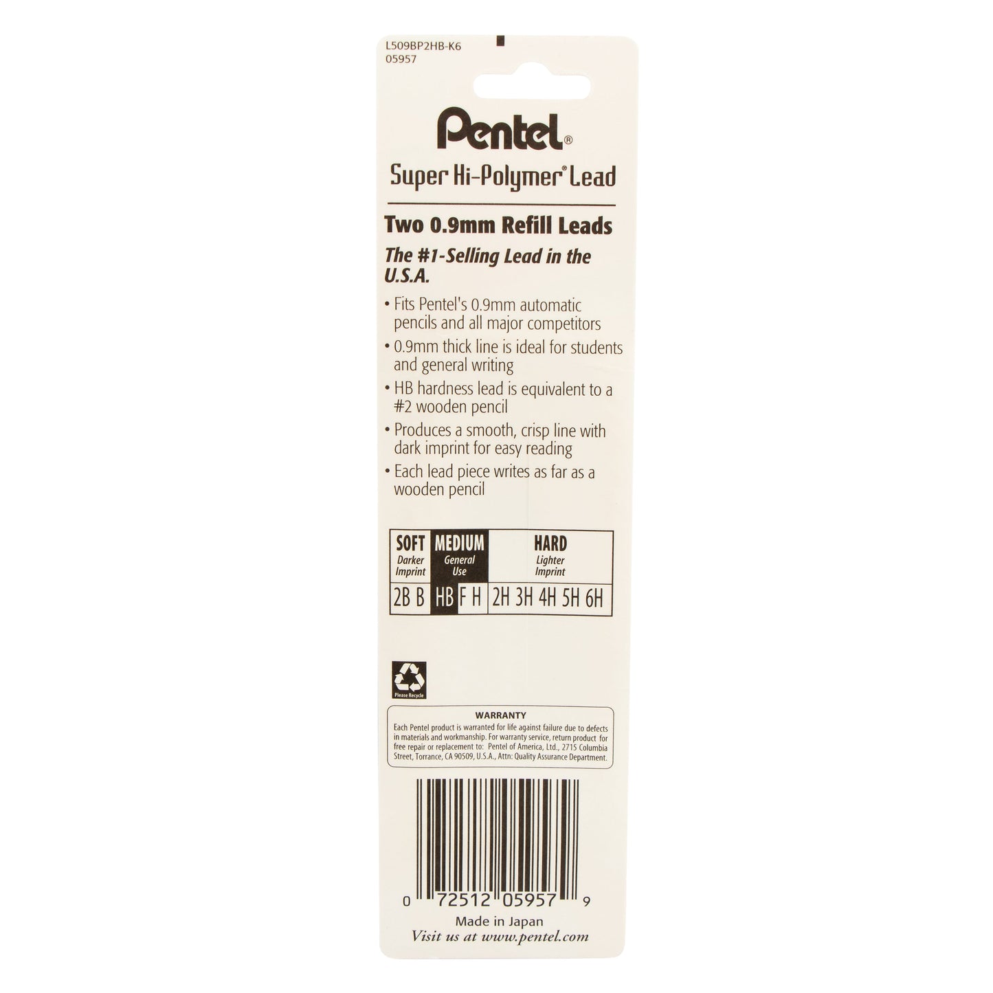 Super Hi-Polymer Lead Refill (0.9mm), HB 15 pcs/Tube 2-Pk (L509BP2HB-K6)