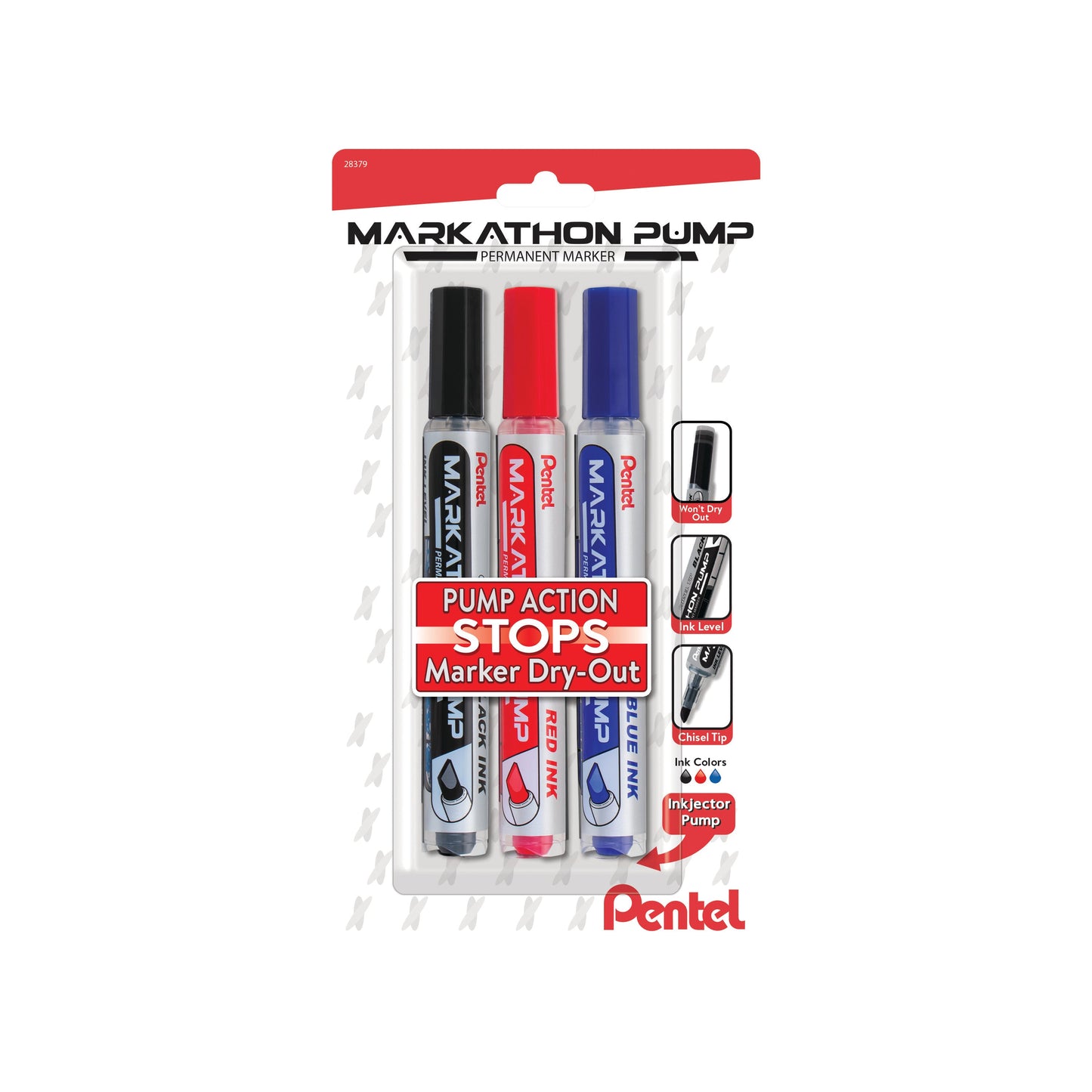 Markathon Pump Permanent Marker, Chisel Tip, Assorted Colors (A,B,C), 3-pk (NLF60XBP3M)