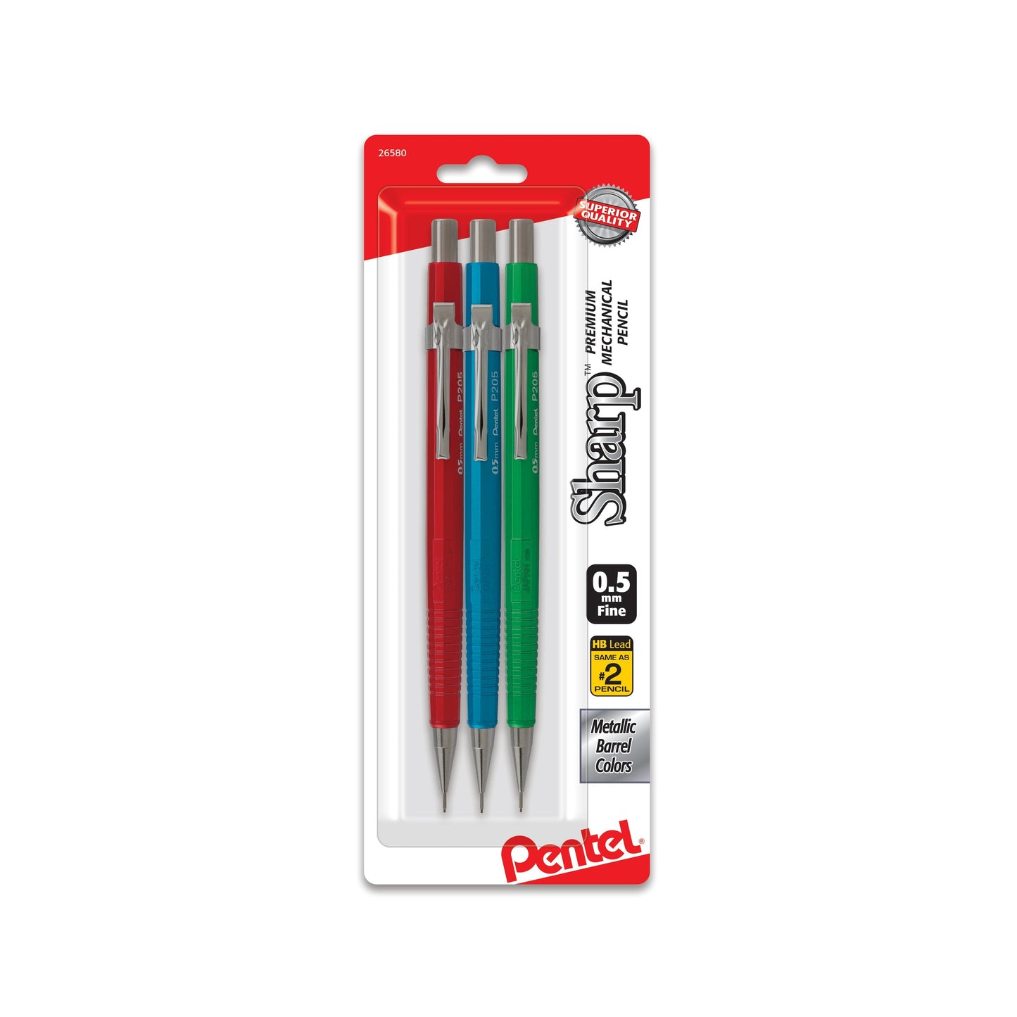 Pentel Sharp Mechanical Pencil, (0.5mm), Metallic Barrels, Assorted Colors (B/C/D), 3-Pk (P205MBP3M1)
