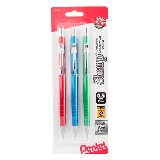Pentel Sharp Mechanical Pencil, (0.5mm), Metallic Barrels, Assorted Colors (B/C/D), 3-Pk (P205MBP3M1)