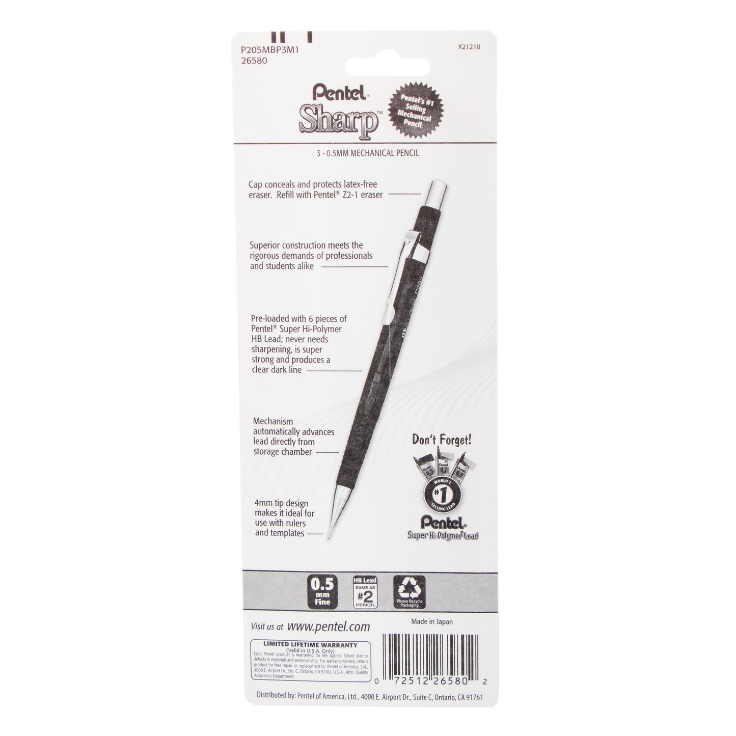 Pentel Sharp Mechanical Pencil, (0.5mm), Metallic Barrels, Assorted Colors (B/C/D), 3-Pk (P205MBP3M1)